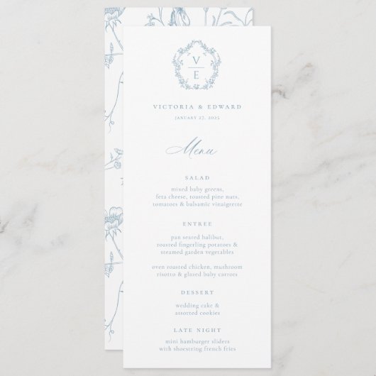 Dusty Blue Crest Monogram Bruiloft Menu (Voorkant / Achterkant)