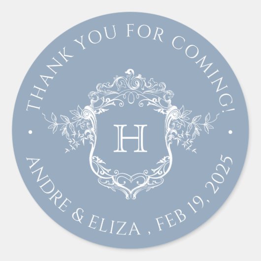 Dusty Blue Crest Monogram Bruiloft Sticker (Voorkant)