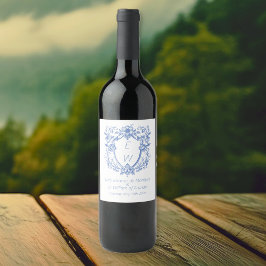Dusty Blue Crest Monogram bruiloft Wijn Etiket