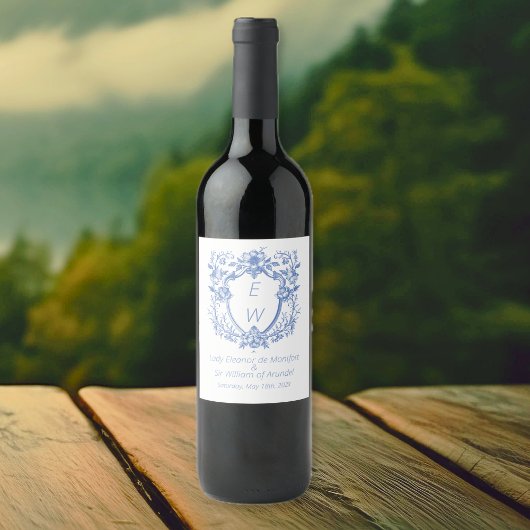 Dusty Blue Crest Monogram bruiloft Wijn Etiket