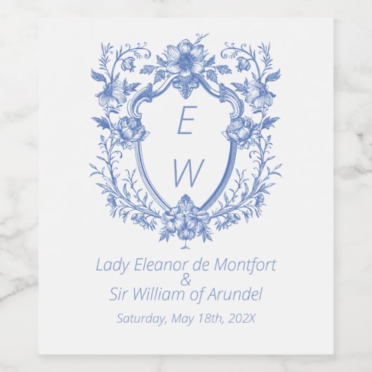  Dusty Blue Crest Monogram bruiloft Wijn Etiket (Enkel label)