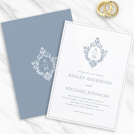Dusty Blue Crest Monogram Formele Elegante Bruilof Kaart