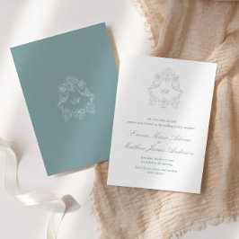 Dusty Blue Crest Monogram Verfijnde bruiloft Kaart