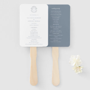Dusty Blue Crest Monogram Weddenprogramma Handwaaier