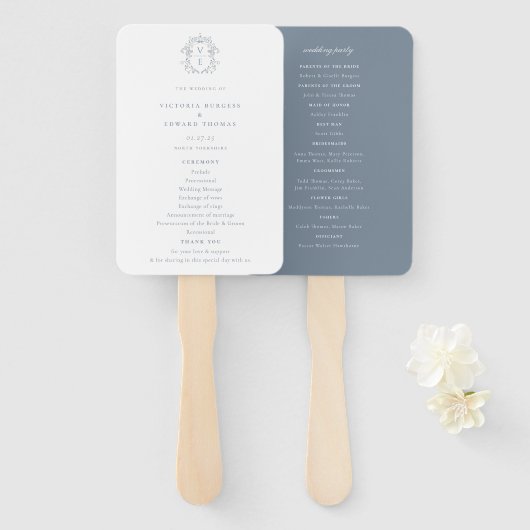 Dusty Blue Crest Monogram Weddenprogramma Handwaaier (Voorkant en achterkant)
