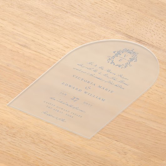Dusty Blue Crest Monogram Weddenschap Acryl Uitnodigingen (Laagn)