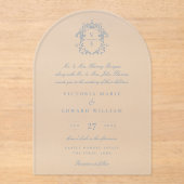 Dusty Blue Crest Monogram Weddenschap Acryl Uitnodigingen (Voorkant)
