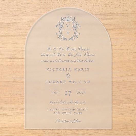 Dusty Blue Crest Monogram Weddenschap Acryl Uitnodigingen (Voorkant)