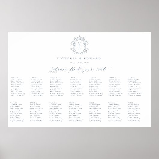 Dusty Blue Crest Monogram Weddenschap Grafiek Poster (Voorkant)