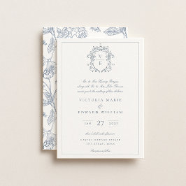 Dusty Blue Crest Monogram Weddenschap Kaart