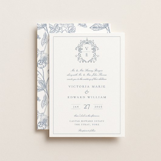 Dusty Blue Crest Monogram Weddenschap Kaart