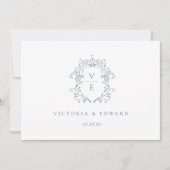 Dusty Blue Crest Monogram Weddenschap Logo Kaart (Voorkant)