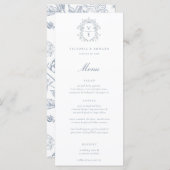 Dusty Blue Crest Monogram Weddenschap Menu (Voorkant / Achterkant)
