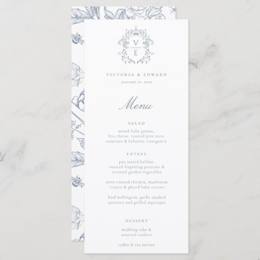 Dusty Blue Crest Monogram Weddenschap Menu (Voorkant / Achterkant)