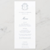 Dusty Blue Crest Monogram Weddenschap Menu (Voorkant)