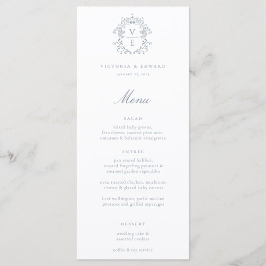 Dusty Blue Crest Monogram Weddenschap Menu (Voorkant)