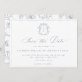 Dusty Blue Crest Monogram Weddenschap QR Code Save The Date (Voorkant / Achterkant)