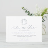 Dusty Blue Crest Monogram Weddenschap Save The Date (Staand voorkant)
