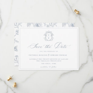 Dusty Blue Crest Monogram Weddenschap Save The Date