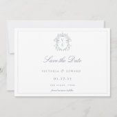 Dusty Blue Crest Monogram Weddenschap Save The Date (Voorkant)