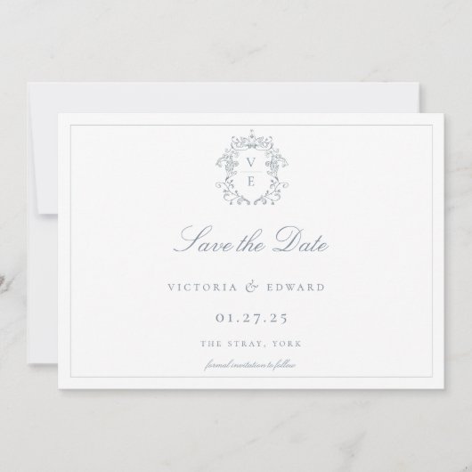 Dusty Blue Crest Monogram Weddenschap Save The Date (Voorkant)