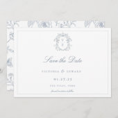 Dusty Blue Crest Monogram Weddenschap Save The Date (Voorkant / Achterkant)