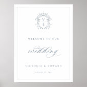 Dusty Blue Crest Monogram Weddenschap Welkom Poster (Voorkant)