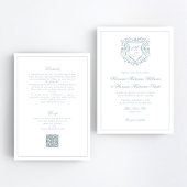 Dusty Blue Crest QR RSVP All-in-One Wedding Kaart