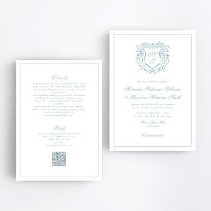 Dusty Blue Crest QR RSVP All-in-One Wedding Kaart