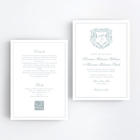 Dusty Blue Crest QR RSVP All-in-One Wedding Kaart