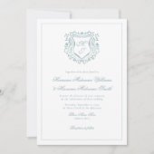 Dusty Blue Crest QR RSVP All-in-One Wedding Kaart (Voorkant)