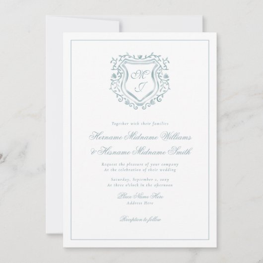 Dusty Blue Crest QR RSVP All-in-One Wedding Kaart (Voorkant)
