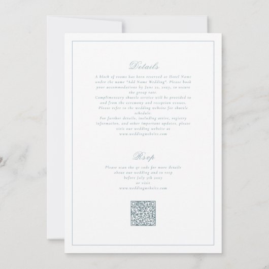 Dusty Blue Crest QR RSVP All-in-One Wedding Kaart (Achterkant)