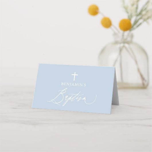 Dusty Blue Cross Boy Baptism Folded Place Card Plaatskaartje (Achterkant)