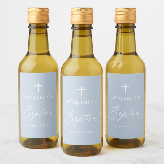 Dusty Blue Cross Boy Baptism Mini Wine Label Wijn Etiket (Flessen)