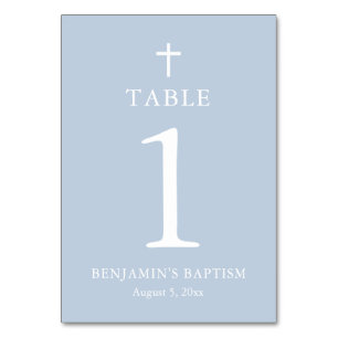 Dusty Blue Cross Boy Baptism Table Number Kaart