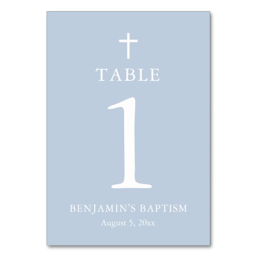 Dusty Blue Cross Boy Baptism Table Number Kaart (Voorkant)