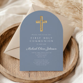 Dusty Blue Cross Boy Eerste Communie boog Kaart