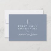 Dusty Blue Cross Boy First Holy Communion  RSVP Kaartje (Achterkant)