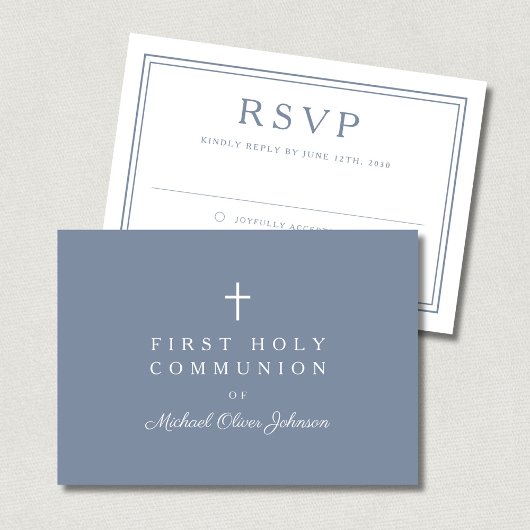 Dusty Blue Cross Boy First Holy Communion  RSVP Kaartje