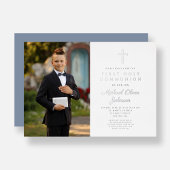 Dusty Blue Cross Boy Foto First Community Silver Folie Uitnodiging