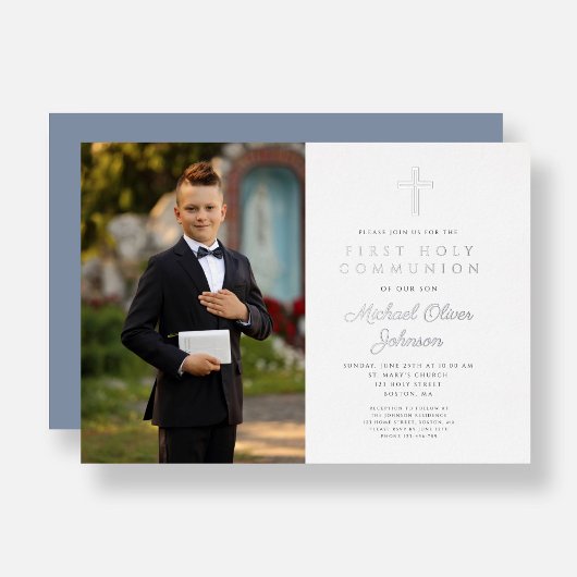 Dusty Blue Cross Boy Foto First Community Silver Folie Uitnodiging