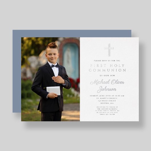 Dusty Blue Cross Boy Foto First Community Silver Folie Uitnodiging