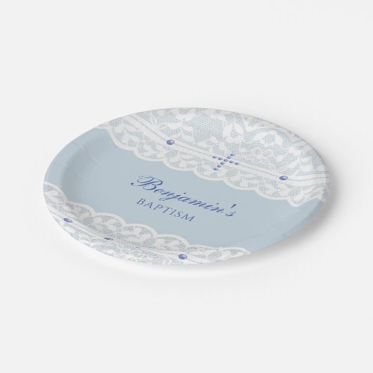 Dusty Blue Cross Christening Christian Baptism Papieren Bordje (Gekanteld)