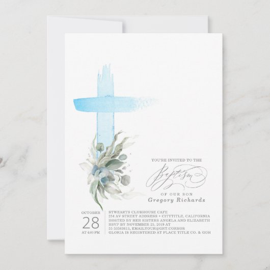 Dusty Blue Cross en Sage Greenery Elegant Baptisme Kaart (Voorkant)