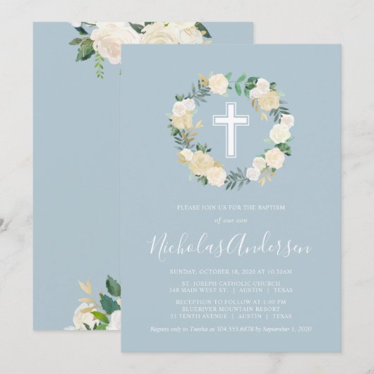 Dusty Blue Cross met Cream Florals, Boy Baptisme Kaart (Voorkant / Achterkant)