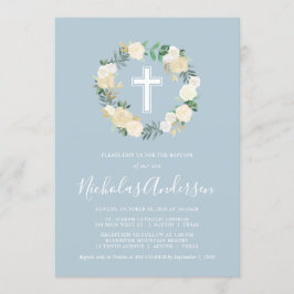Dusty Blue Cross met Cream Florals, Boy Baptisme Kaart