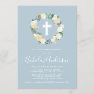 Dusty Blue Cross met Cream Florals, Boy Baptisme Kaart