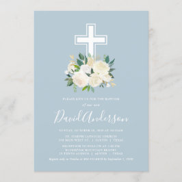 Dusty Blue Cross met Cream Florals, Boy Baptisme Kaart