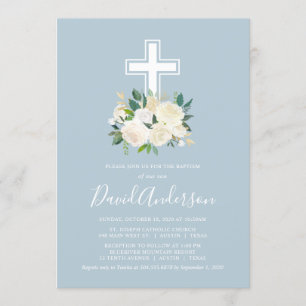 Dusty Blue Cross met Cream Florals, Boy Baptisme Kaart